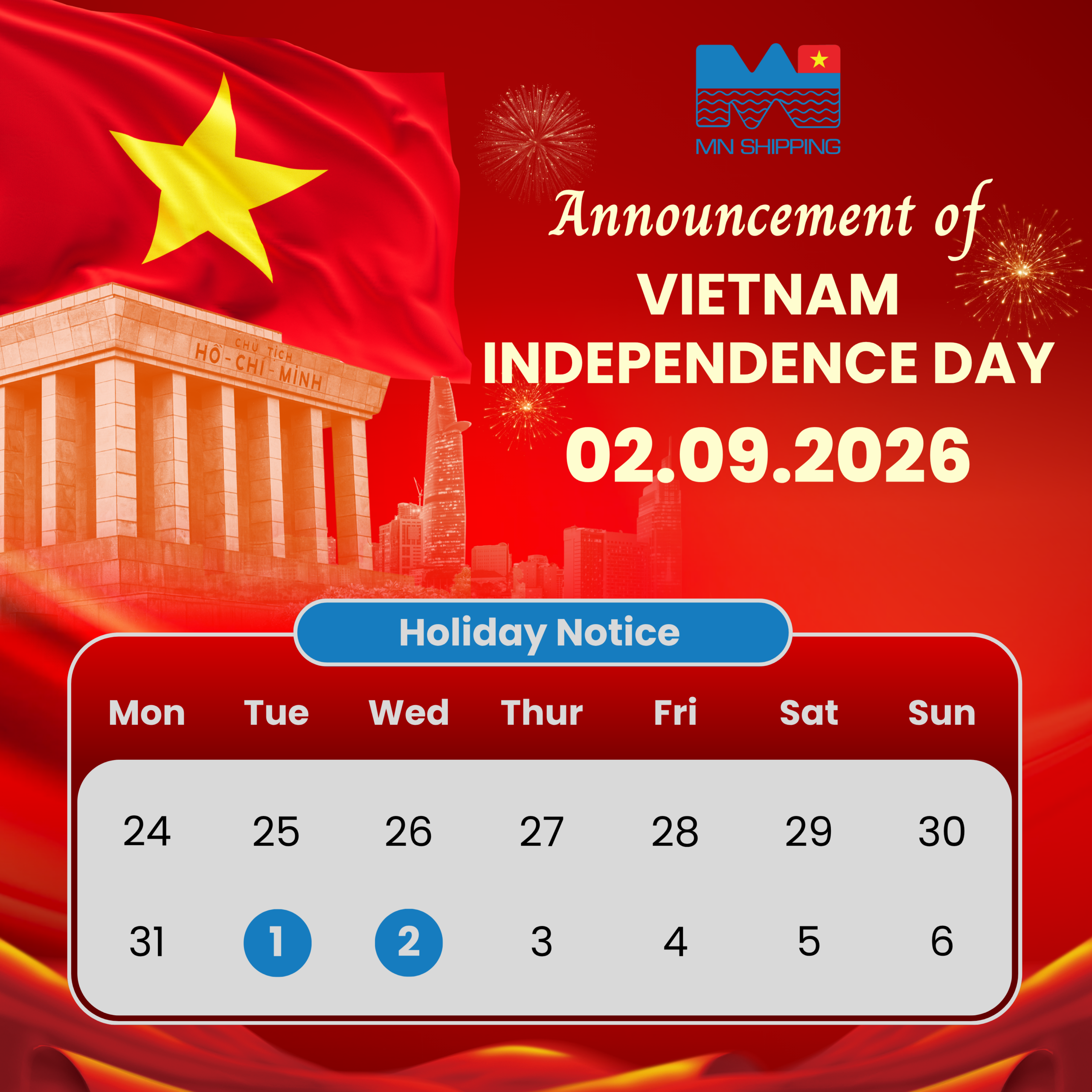Lễ Quốc Khánh 2/9/2026: Lịch Nghỉ & Thông Báo Tại MN Shipping
