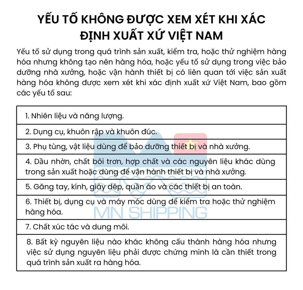 Yếu tố không được xem xét khi xác định xuất xứ Việt Nam